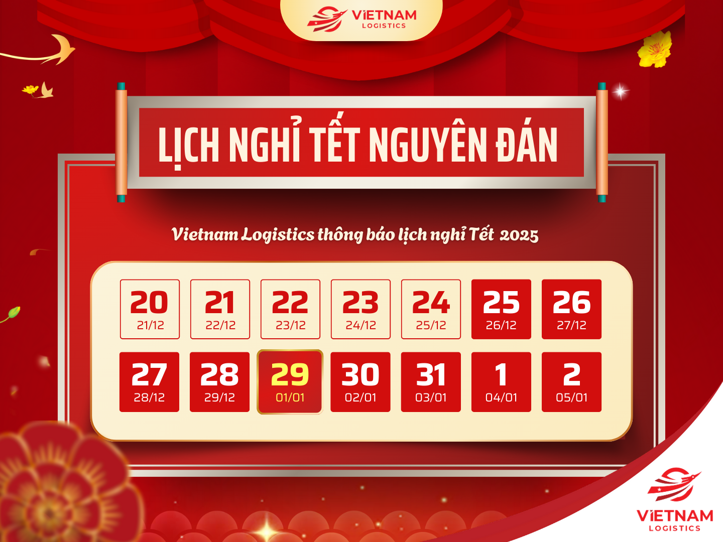 Thông báo lịch nghỉ Tết Nguyên Đán 2025 Vietnam Logistics